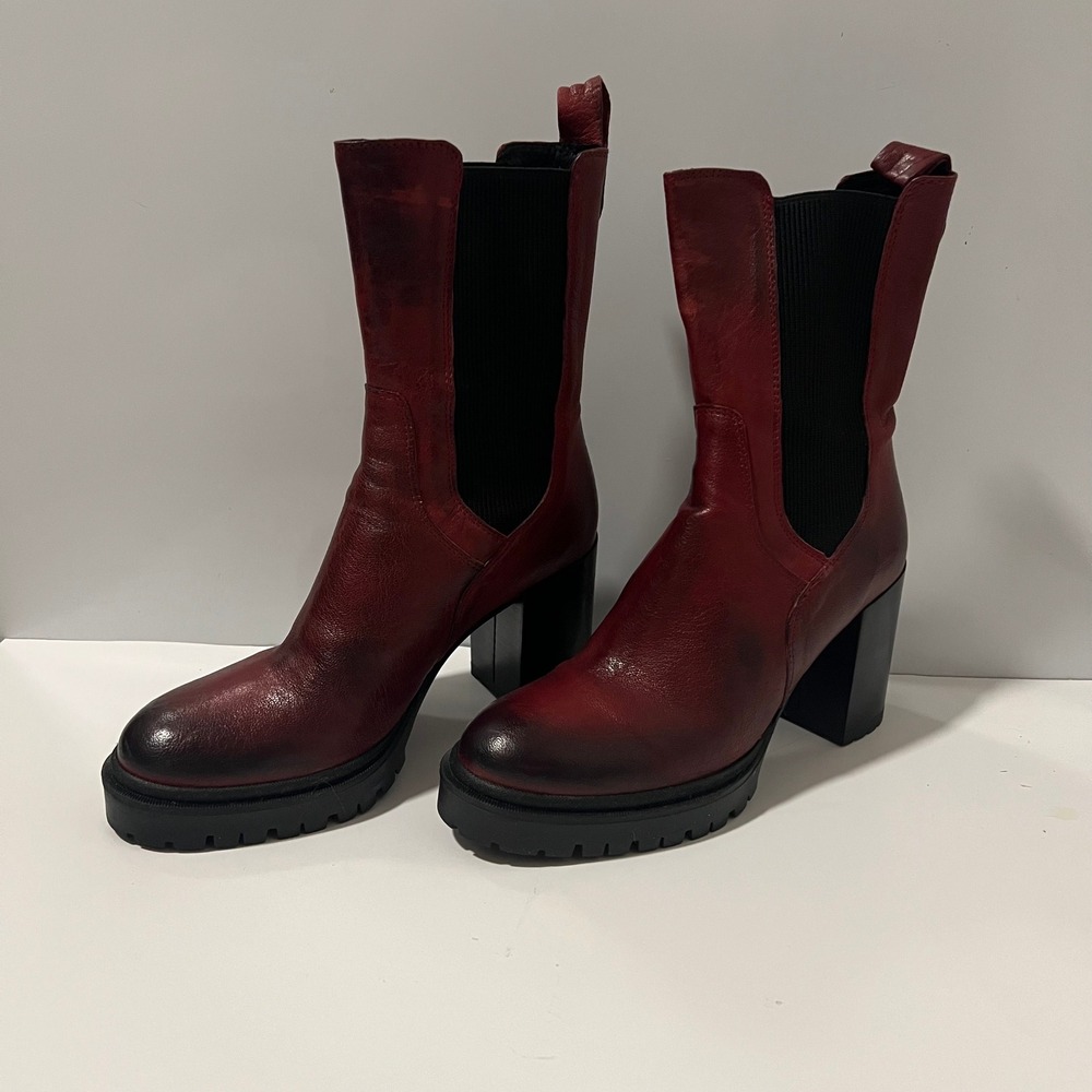 Emanuele Crasto Red Leather Lug Sole Block Heel Boots Vintage Rubino 10 40